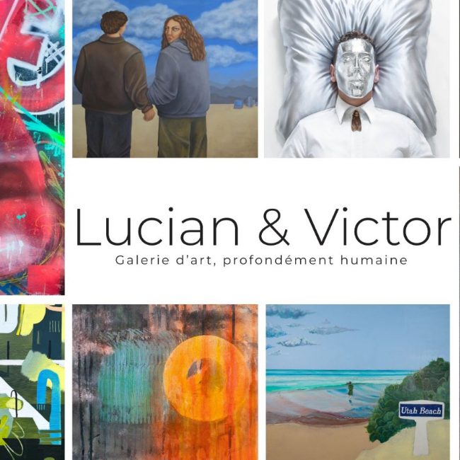 Galerie L&V Collage d'œuvres d'art avec portraits, paysages et abstraits de la Galerie "Lucian & Victor".